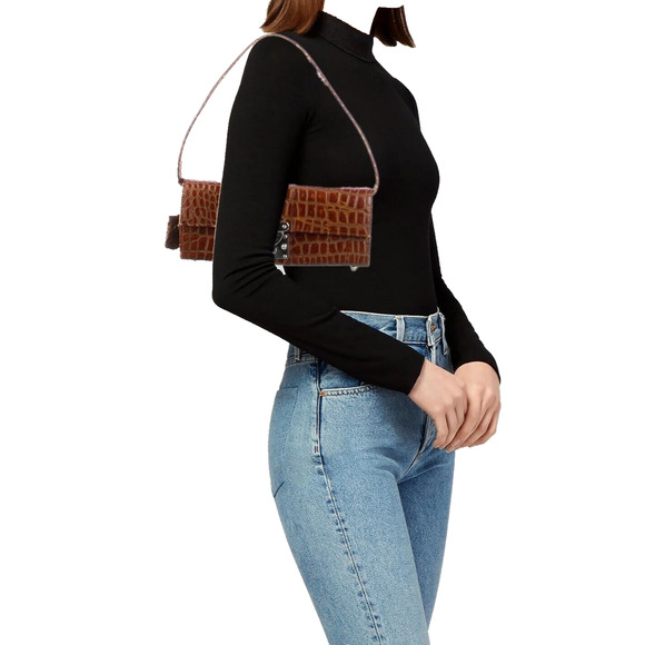 B0 Auth MULHOLLAND Brown Alligator Embossed Leather Push Lock Shoulder Purse Bag - Picture 2 of 7